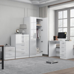 Reflect 2 Door Plain Wardrobe, 5 Drawer Chest, 2 Drawer Bedside & Desk - White Gloss & Matt White - Modern Bedroom Furniture Set