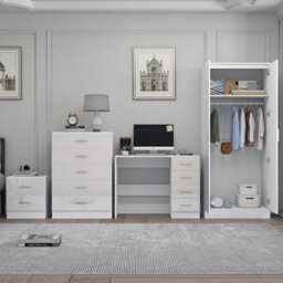 Reflect 2 Door Plain Wardrobe, 5 Drawer Chest, 2 Drawer Bedside & Desk - White Gloss & Matt White - Modern Bedroom Furniture Set - thumbnail 4