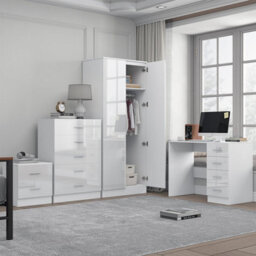 Reflect 2 Door Plain Wardrobe, 5 Drawer Chest, 2 Drawer Bedside & Desk - White Gloss & Matt White - Modern Bedroom Furniture Set - thumbnail 2