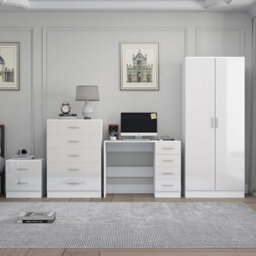 Reflect 2 Door Plain Wardrobe, 5 Drawer Chest, 2 Drawer Bedside & Desk - White Gloss & Matt White - Modern Bedroom Furniture Set - thumbnail 3