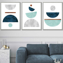Artze Wall Art Set Of 3 Teal, Mint Green And Grey Abstract Mid Century Geometric Wall Art Prints / 50X70Cm / Light Grey Frame