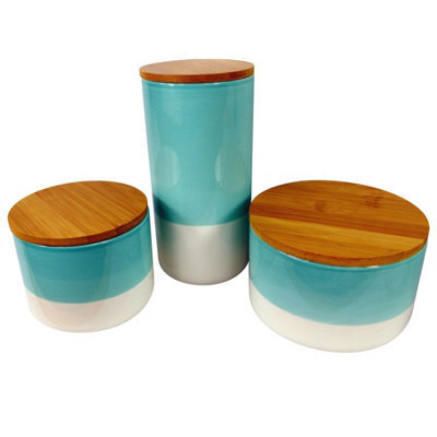 Leaf Set Of Three Canisters Aqua Green Ceramic Storage Jars With Lids - image 1