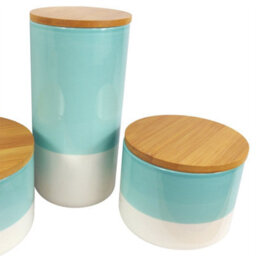 Leaf Set Of Three Canisters Aqua Green Ceramic Storage Jars With Lids - thumbnail 6