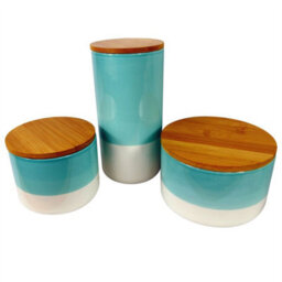 Leaf Set Of Three Canisters Aqua Green Ceramic Storage Jars With Lids - thumbnail 1