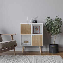 Urbn-Living Urbnliving 80Cm Height White 4 Cube With Oak 2 Wooden Door Bookcase With Beech Legs Shelves