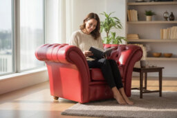 Chesterfield Club Armchair Old English Gamay Red Leather In Balmoral Style - thumbnail 3