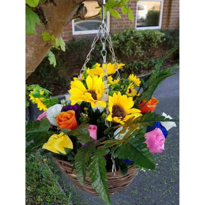 Artificial Hanging Basket Flowers Plants Rose Grass Ivy Leaf Fern Foliage Garden - 1 Basket Display - image 1