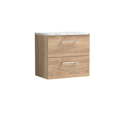 Nuie Arno Wall Hung 2-Drawer Vanity & Carrera Marble Laminate Worktop, Stylish Counter Top Vanity Unit In Bleached Oak, 600mm - image 1