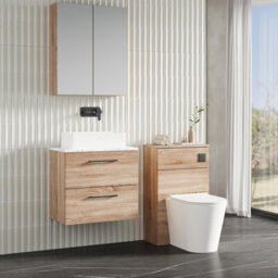 Nuie Arno Wall Hung 2-Drawer Vanity & Carrera Marble Laminate Worktop, Stylish Counter Top Vanity Unit In Bleached Oak, 600mm - thumbnail 2