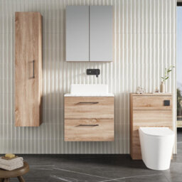 Nuie Arno Wall Hung 2-Drawer Vanity & Carrera Marble Laminate Worktop, Stylish Counter Top Vanity Unit In Bleached Oak, 600mm - thumbnail 3