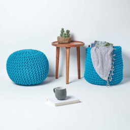 Homescapes Teal Blue Round Cotton Knitted Pouffe Footstool - thumbnail 6