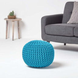 Homescapes Teal Blue Round Cotton Knitted Pouffe Footstool - thumbnail 2