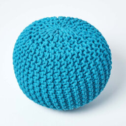 Homescapes Teal Blue Round Cotton Knitted Pouffe Footstool - thumbnail 3