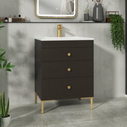 Royal Bathrooms Royal Bathroom Verona 600mm Walnut Woodgrain 3-Drawer Floor Standing Bathroom Vanity Unit With Stone Basin & Brushed Brass Knob