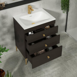 Royal Bathrooms Royal Bathroom Verona 600mm Walnut Woodgrain 3-Drawer Floor Standing Bathroom Vanity Unit With Stone Basin & Brushed Brass Knob - thumbnail 5