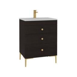 Royal Bathrooms Royal Bathroom Verona 600mm Walnut Woodgrain 3-Drawer Floor Standing Bathroom Vanity Unit With Stone Basin & Brushed Brass Knob - thumbnail 6