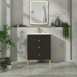 Royal Bathrooms Royal Bathroom Verona 600mm Walnut Woodgrain 3-Drawer Floor Standing Bathroom Vanity Unit With Stone Basin & Brushed Brass Knob - thumbnail 4
