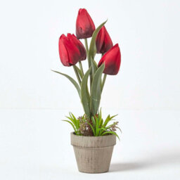 Homescapes Artificial Dark Red Handcrafted Tulips In Grey Decorative Stone Pot, 27 Cm