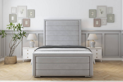 "Sloomy Ashford Silver Plush Bed Frame With Mattress With 50"" Upholstered Headboard 4'6 Double" - image 1