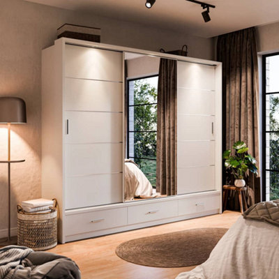 Arte Modern Lux Wardrobe With Shelves And Mirrored Door In White - Led Lit Storage Solution (H2150mm W2500mm D630mm) - image 1
