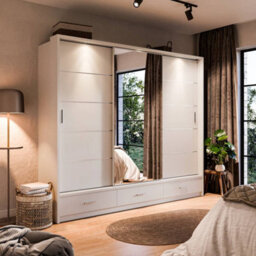 Arte Modern Lux Wardrobe With Shelves And Mirrored Door In White - Led Lit Storage Solution (H2150mm W2500mm D630mm) - thumbnail 1