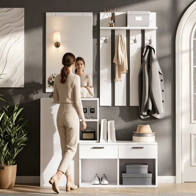 Merax Coat Stand, Hallway Wardrobe Set 120X35X175.5 Cm, Coat Hooks, Shoe Cabinet, 2 Drawers Shoe Bench, Mirror, Coat Rack, White - image 1