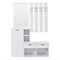 Merax Coat Stand, Hallway Wardrobe Set 120X35X175.5 Cm, Coat Hooks, Shoe Cabinet, 2 Drawers Shoe Bench, Mirror, Coat Rack, White - thumbnail 9