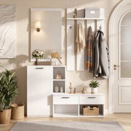 Merax Coat Stand, Hallway Wardrobe Set 120X35X175.5 Cm, Coat Hooks, Shoe Cabinet, 2 Drawers Shoe Bench, Mirror, Coat Rack, White - thumbnail 3