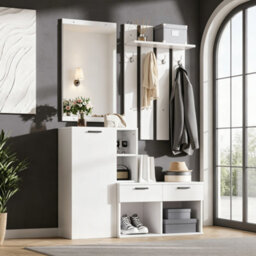 Merax Coat Stand, Hallway Wardrobe Set 120X35X175.5 Cm, Coat Hooks, Shoe Cabinet, 2 Drawers Shoe Bench, Mirror, Coat Rack, White - thumbnail 2