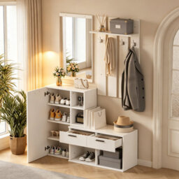 Merax Coat Stand, Hallway Wardrobe Set 120X35X175.5 Cm, Coat Hooks, Shoe Cabinet, 2 Drawers Shoe Bench, Mirror, Coat Rack, White - thumbnail 4