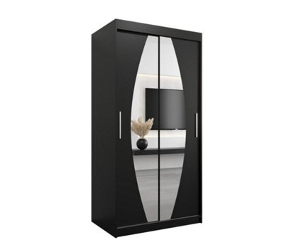 Arte Elypse Contemporary 2 Mirrored Sliding Door Wardrobe 5 Shelves 2 Rails Black (H)2000mm (W)1000mm (D)620mm - image 1
