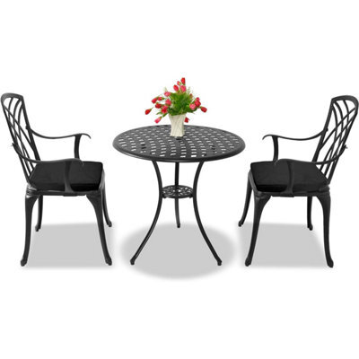 Homeology Oshowa Black Aluminium Weatherproof Outdoor Table And 2 Chairs With Armrests Bistro Set With Black Cushions - image 1