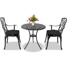 Homeology Oshowa Black Aluminium Weatherproof Outdoor Table And 2 Chairs With Armrests Bistro Set With Black Cushions - thumbnail 1