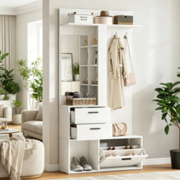 Abrihome Modern White Hallway Set 90X30X180Cm Coat Rack Shoe Cabinet With Mirror, Hooks, Drawers & Shelves, Freestanding Hall Stand - thumbnail 9