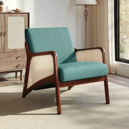 Thehotsale 63 X 73.5 X 79Cm Green Corduroy Armchair With Rattan Armrest And Wooden Legs - thumbnail 2