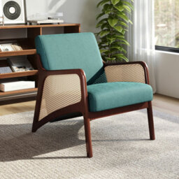 Thehotsale 63 X 73.5 X 79Cm Green Corduroy Armchair With Rattan Armrest And Wooden Legs