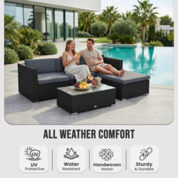 Evre Black California 4 Seater Rattan Outdoor Garden Furniture Modular Sofa Set With Weatherproof Cover, Coffee Table & Cushions - thumbnail 6