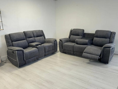 Hannah Electric Recliner Sofa Set With Cupholders 3+2 Seater  Soft Grey Micro Fabric  Led Lights  Usb Ports - image 1