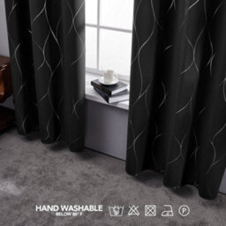 Deconovo Thermal Blackout Eyelet Curtains, Silver Wave Line Foil Printed Curtains For Bedroom, 66 X 54 Inch, Black, 2 Panels - thumbnail 4
