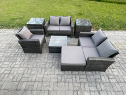 Fimous Outdoor Rattan Garden Furniture Set Conservatory Patio Sofa Coffee Table Set With Chair 2 Side Tables Big Footstool - thumbnail 1