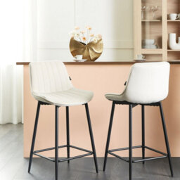 Wyld And Coco Aurahome Velvet Bar Chairs Set Of 2, Light Beige Velvet, Matt Black Steel Legs, Armless Counter And Bar Stools - thumbnail 2