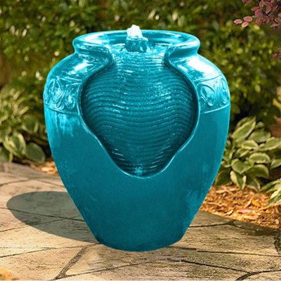 Teamson Home Garden Outdoor Water Feature, Floor Water Fountain, Glazed Pot Design, With Led Lights - Teal - image 1