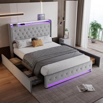 Btm White King Size Upholstered Bed 150X200Cm Velvet Storage Headboard With Lamps Charging Socket Led Light Strip - image 1