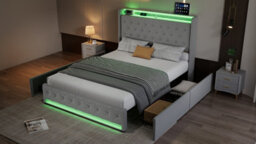 Btm White King Size Upholstered Bed 150X200Cm Velvet Storage Headboard With Lamps Charging Socket Led Light Strip - thumbnail 8