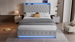Btm White King Size Upholstered Bed 150X200Cm Velvet Storage Headboard With Lamps Charging Socket Led Light Strip - thumbnail 9