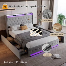 Btm White King Size Upholstered Bed 150X200Cm Velvet Storage Headboard With Lamps Charging Socket Led Light Strip - thumbnail 5