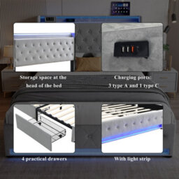Btm White King Size Upholstered Bed 150X200Cm Velvet Storage Headboard With Lamps Charging Socket Led Light Strip - thumbnail 6