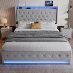 Btm White King Size Upholstered Bed 150X200Cm Velvet Storage Headboard With Lamps Charging Socket Led Light Strip - thumbnail 3