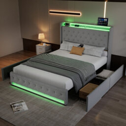 Btm White King Size Upholstered Bed 150X200Cm Velvet Storage Headboard With Lamps Charging Socket Led Light Strip - thumbnail 2