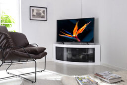 "Centurion Supports Pangea Gloss White Curved Tru-Corner Black Beam-Thru Doors Up To 50"" Tv Cabinet"